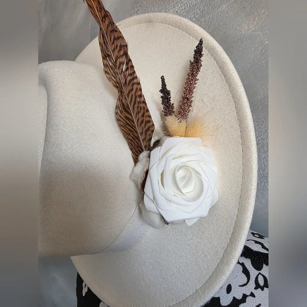 Cream Wide-brimmed Felt Fedora Hat with Feather and Floral Embellishment Bridal